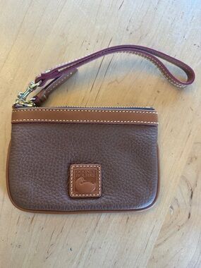 Dooney & Bourke Brown and Tan Leather Wristlet with Burgundy Strap - mini